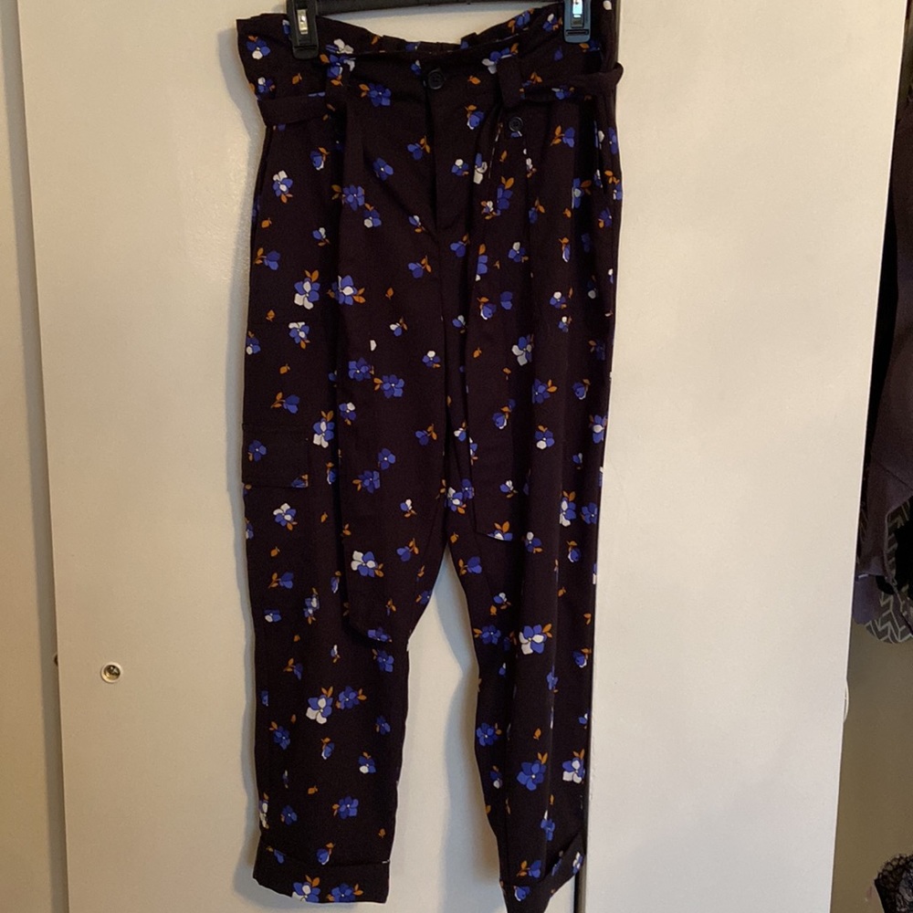 Black floral print jogger style pants